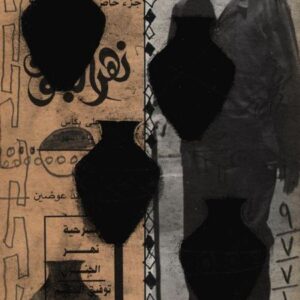 Fathi Hassan mixed media, photo of a male figure on the right, vases on the left - layers of images overall